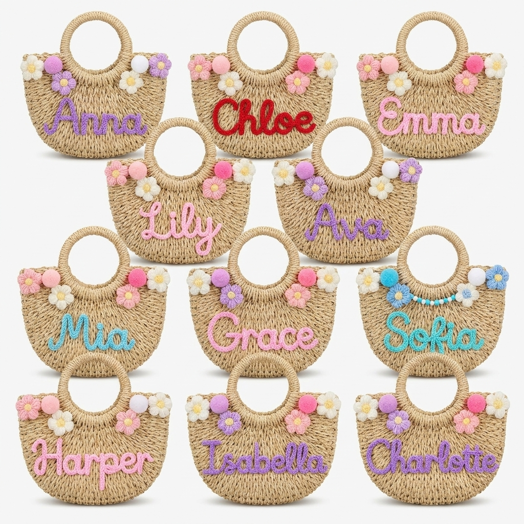 Custom Name Straw Summer Beach Tote Bag Handmade