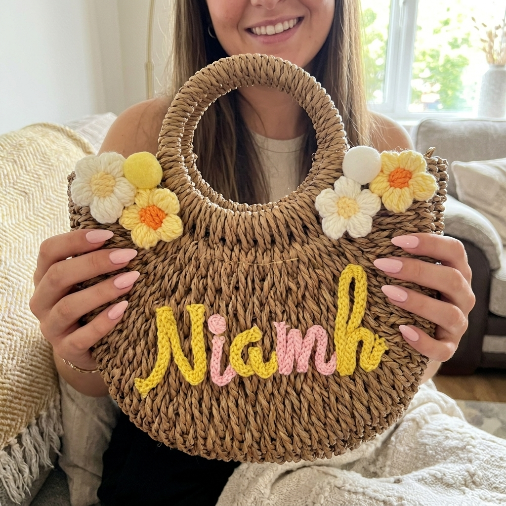 Custom Name Straw Summer Beach Tote Bag Handmade