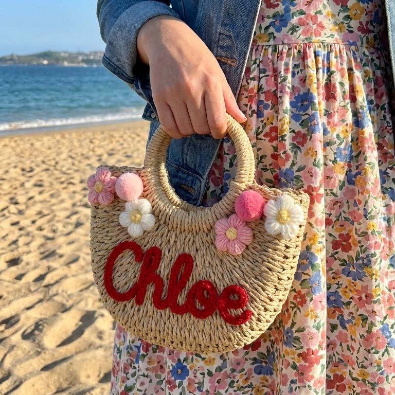 Custom Name Straw Summer Beach Tote Bag Handmade