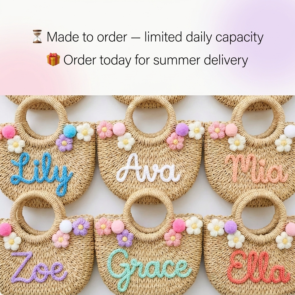 Custom Name Straw Summer Beach Tote Bag Handmade