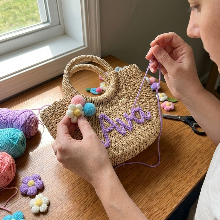 Hand-knitting the straw bag
