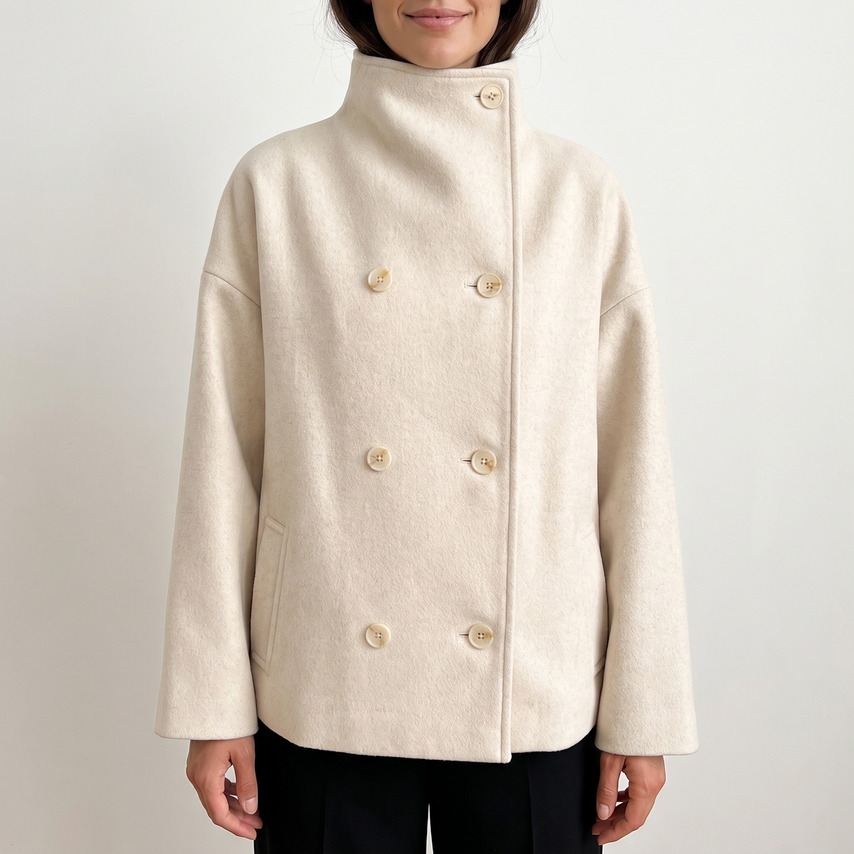 Aria High Collar Double Breasted Peacoat - Beige