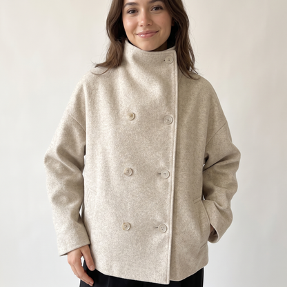 Aria High Collar Double Breasted Peacoat - Beige