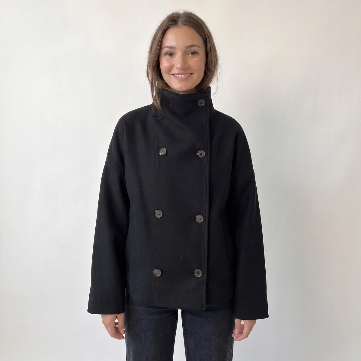 Aria High Collar Double Breasted Peacoat - Black