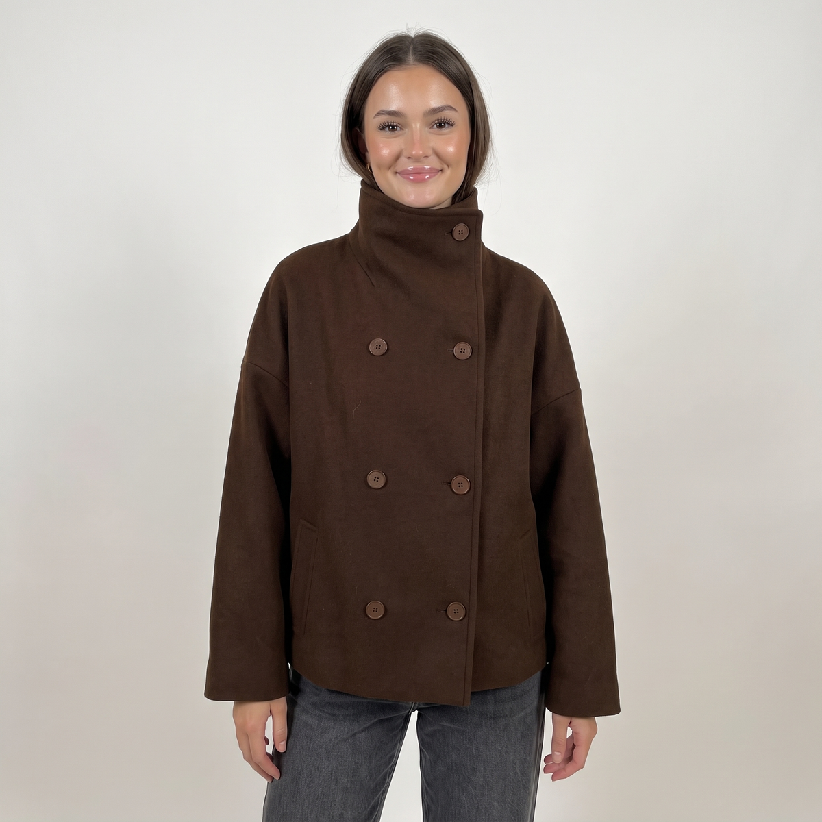 Aria High Collar Double Breasted Peacoat - Brown