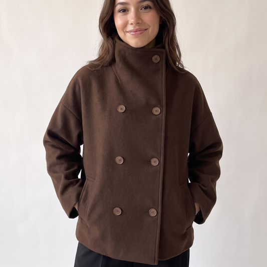 Aria High Collar Double Breasted Peacoat - Brown